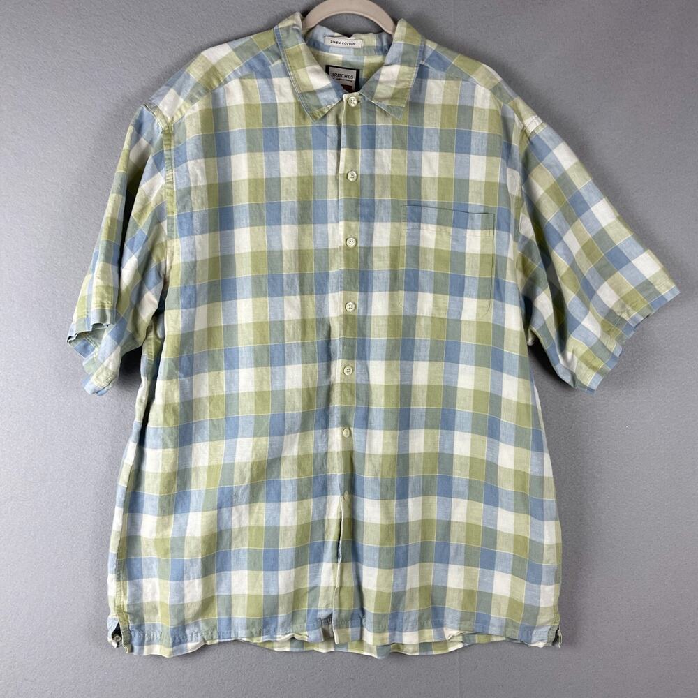 Britches of Georgetowne Linen Blend Shirt Mens XXL Plaid Button Up Short Sleeve
